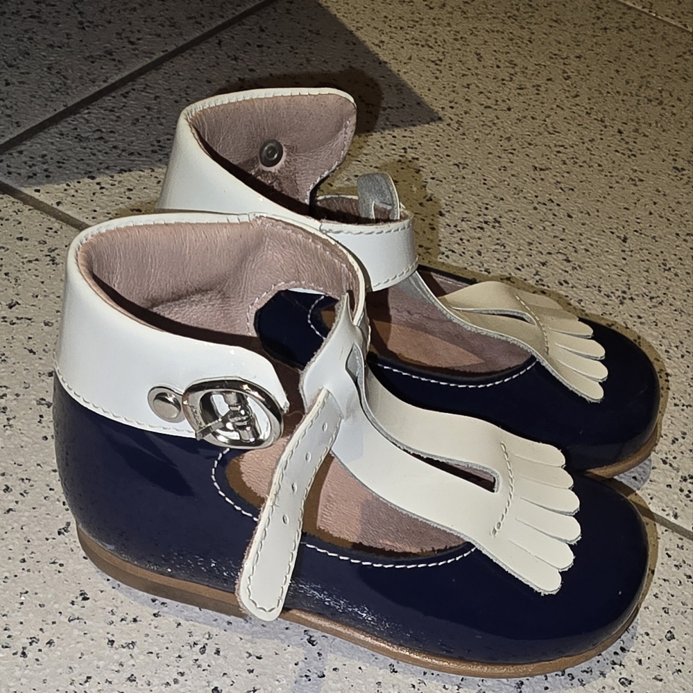 Jacadi Navy and White T-Strap Kids Dress Shoes - Picture 2 of 3